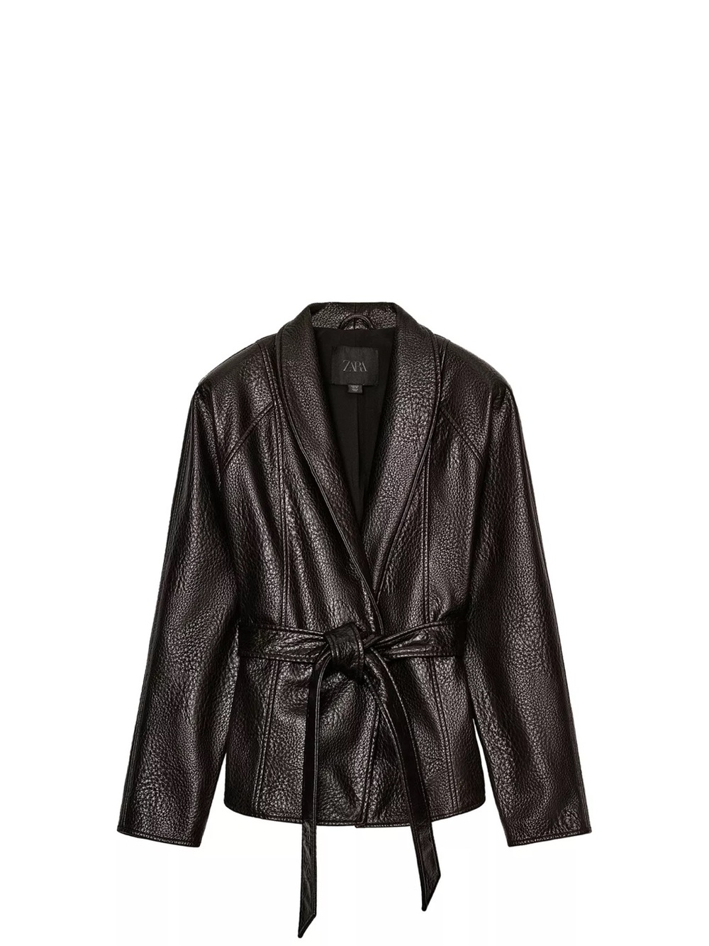 Zara Black Belted Faux Leather Shawl-Collar Jacket